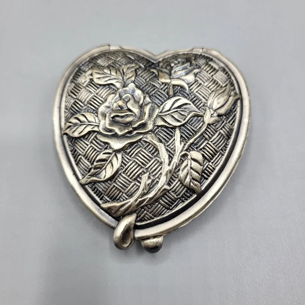 Vintage Compact Mirror Womens Heart Rose Embossed Basketweave Silver Tone